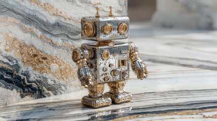 A small, metallic robot figurine stands on a marble surface.  Detailed, steampunk-style design