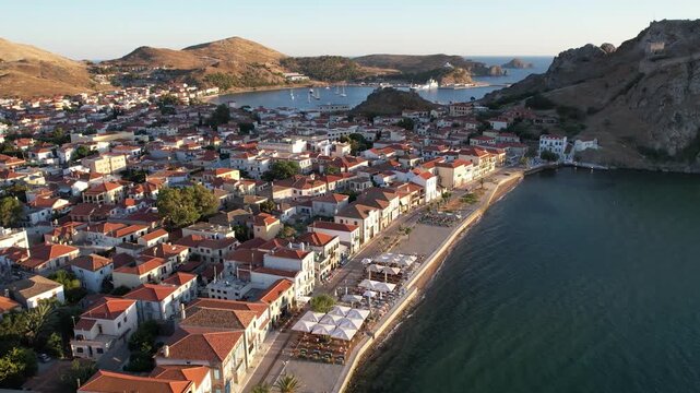 Myrina Town in Limnos Island, North Aegean Greece, Panoramic View, Pullback Shot of Romeikos Gialos and Old City