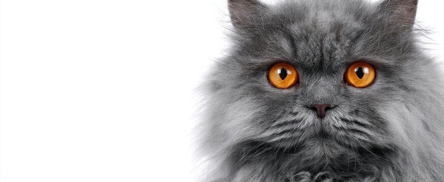 The stunning gray cat with captivating orange eyes against a white background.