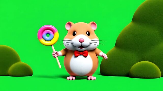 Adorable 3D Hamster Holding a Lollipop on Green Screen