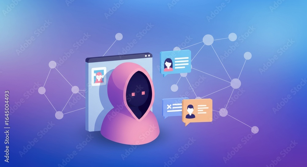 Poster incognito user concept. digital illustration of a hooded figure with chat messages and connections.