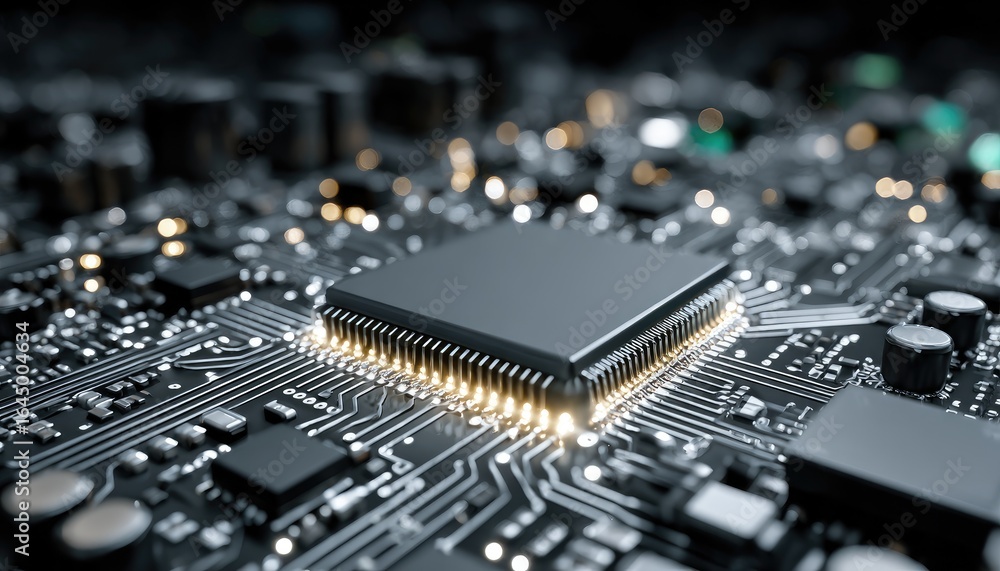 Fototapete close-up of a complex circuit board with a central microprocessor