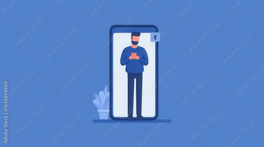 Poster incognito user concept. digital illustration of a person using a smartphone indoors.