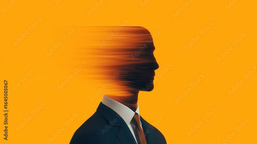 Poster incognito user concept. silhouette of a man with a distorted head against an orange background.