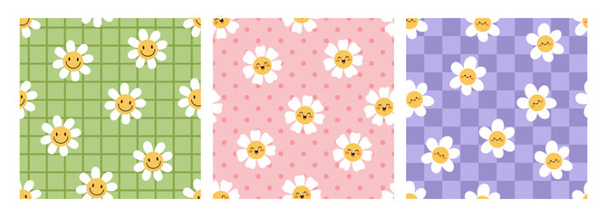 Groovy daisy, seamless patterns set. Cute funny funky flower faces, endless backgrounds in cute retro style. Repeating prints for textile, fabric, wrapping and wallpaper. Flat vector illustration