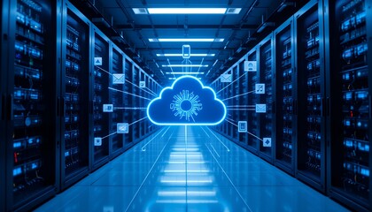 Futuristic data center with glowing cloud network and digital connections in blue ambient light