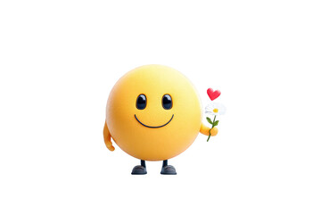 Obraz premium Cute Smiling Emoji Character Holding Flower and Heart on Transparent Background