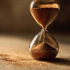 An image of an hourglass with a brown background and sand on the floor. Image with copyspace.