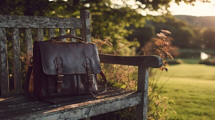 Dark brown leather satchel resting on a weathered wooden park bench.