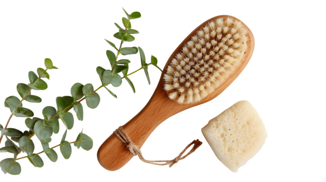 wooden massage brush and natural scrub, self-care essentials, white background