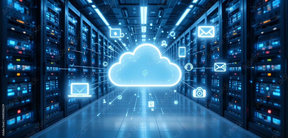 Poster cloud computing concept with digital data connections inside modern server room environment