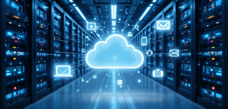 Cloud computing concept with digital data connections inside modern server room environment