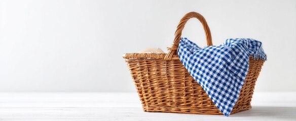 Fototapeta premium The wicker basket adorned with a blue checkered blanket.