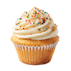 A single cupcake with frosting and sprinkles close up view on transparent background