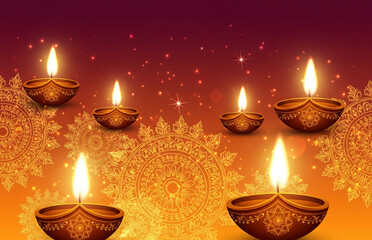 Vibrant vector background with glowing diyas, golden rangoli patterns, and sparkles/ diwali/dusshera
