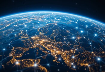 Global digital connectivity network illuminating urban centers across europe at night from space
