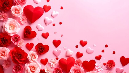 Valentine's Day Pink Background with Paper Roses and Hearts