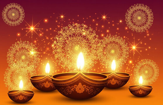Vibrant vector background with glowing diyas, golden rangoli patterns, and sparkles/ diwali/dusshera