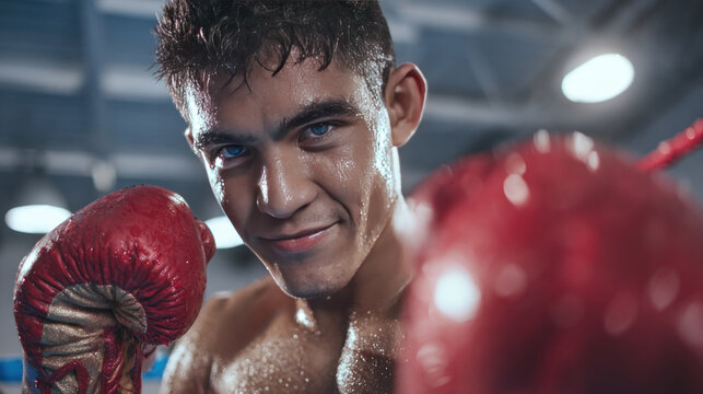 Young boxer fighter with red gloves in boxing ring, sweaty and confident expression, intense sports portrait with blue eyes and athletic build