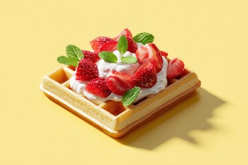 Square waffle topped with whipped cream, strawberries, and mint leaves on a yellow background