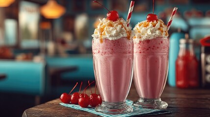 Two strawberry milkshakes with whipped cream and cherries, in a retro diner setting