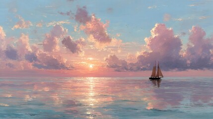 Serene sunset seascape with sailboat reflecting on calm waters