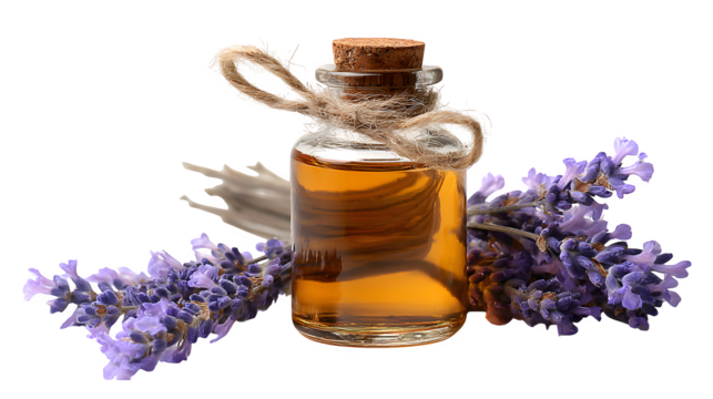 glass bottle of essential oil with lavender sprigs, isolated on white, natural wellness product concept - Powered by Adobe