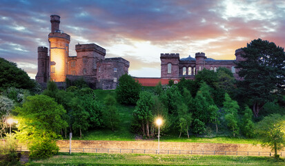 View of the castle of Inverness in Scotland at dramatic sunset