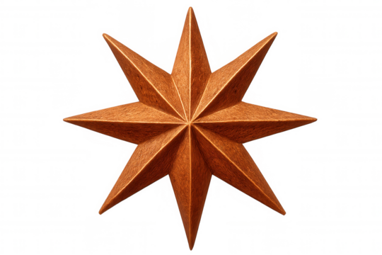 3d rendering wooden star, ten-pointed symmetrical design, transparent backdrop highlighting intricate festive craftsmanship