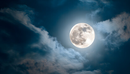 Full moon glowing in the night sky with wispy clouds  
