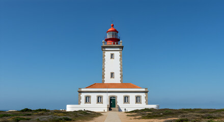 Majestic Cabo Carvoeiro Lighthouse under a Clear Blue Sky