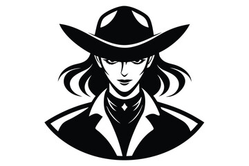 Woman wearing a cowboy hat and a jacket staring forward in black and white