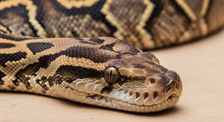 Obraz premium Closeup portrait of a python snakes head showing intricate scale patterns and piercing eye, highlighting its wild nature and reptilian beauty
