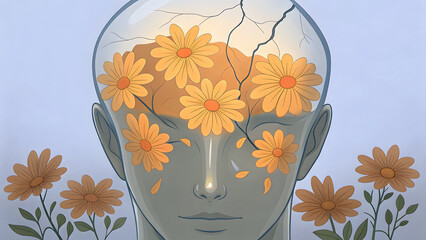Mental health awareness in work with cognitive function concept. glass head filled with flowers and light cracks skull.