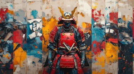Samurai in scarlet armor against chaotic graffiti on a weathered concrete surface.