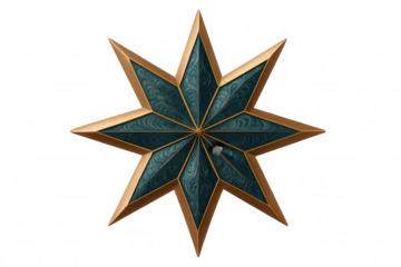 Ornate eight-pointed star featuring marbled teal and gold pattern, gleaming against transparent backdrop with intricate geometric elegance