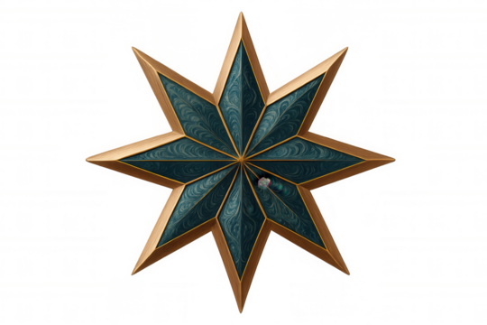 Ornate eight-pointed star featuring marbled teal and gold pattern, gleaming against transparent backdrop with intricate geometric elegance