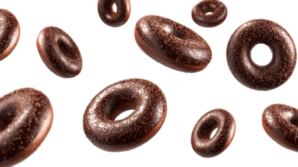 Chocolate donuts falling isolated on a white background