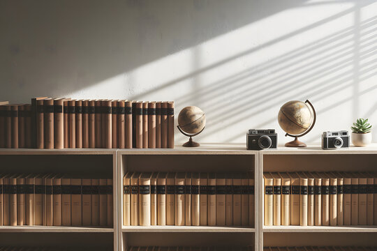 A well-lit study shelf filled with books, a globe, and cameras. AI Generated 