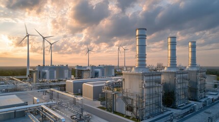 Fototapeta premium A modern energy facility featuring wind turbines and industrial structures under a dramatic sky, symbolizing renewable energy and technological advancement.