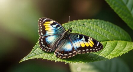 A stunning blue and yellow butterfly rests on a vibrant green leaf, showcasing its intricate wing patterns in a closeup nature shot