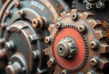 Close-up of weathered, rusty metallic gears and armor plating, steam punk aesthetic,   close-up,  grunge