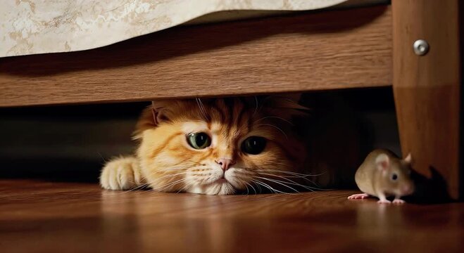 Cat hiding under bed while observing mouse on wooden floor  