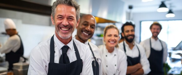 The chefs capturing joy in a bustling kitchen atmosphere.