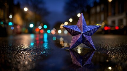 Purple and blue star in a puddle at night.
