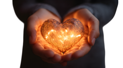 hands holding heart with warm light glow, compassion and mindfulness, transparent background