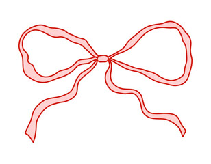 Whimsical coquette pink bow ribbon with red outline. Cute and elegant design element for Valentines Day, packaging, greeting cards, scrapbooking, feminine branding, and decorations. Vector art