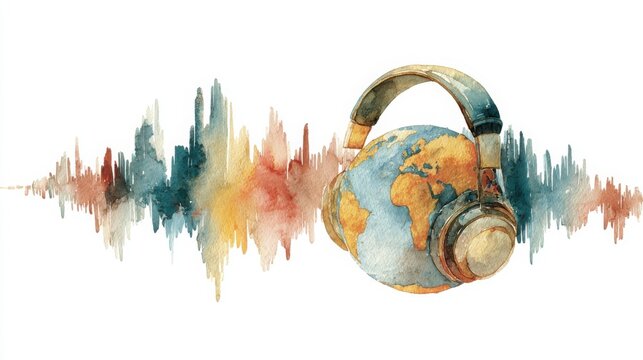 A watercolor illustration featuring a globe wearing headphones, with soundwaves in the background, symbolizing global music and connectivity.