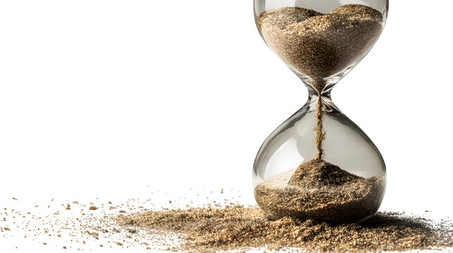 hourglass with sand gently flowing, symbol of mindful time, isolated on white background