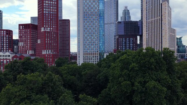 Aerial video reveal of  the Modern High-Rises of Nine Elms and Vauxhall, London	